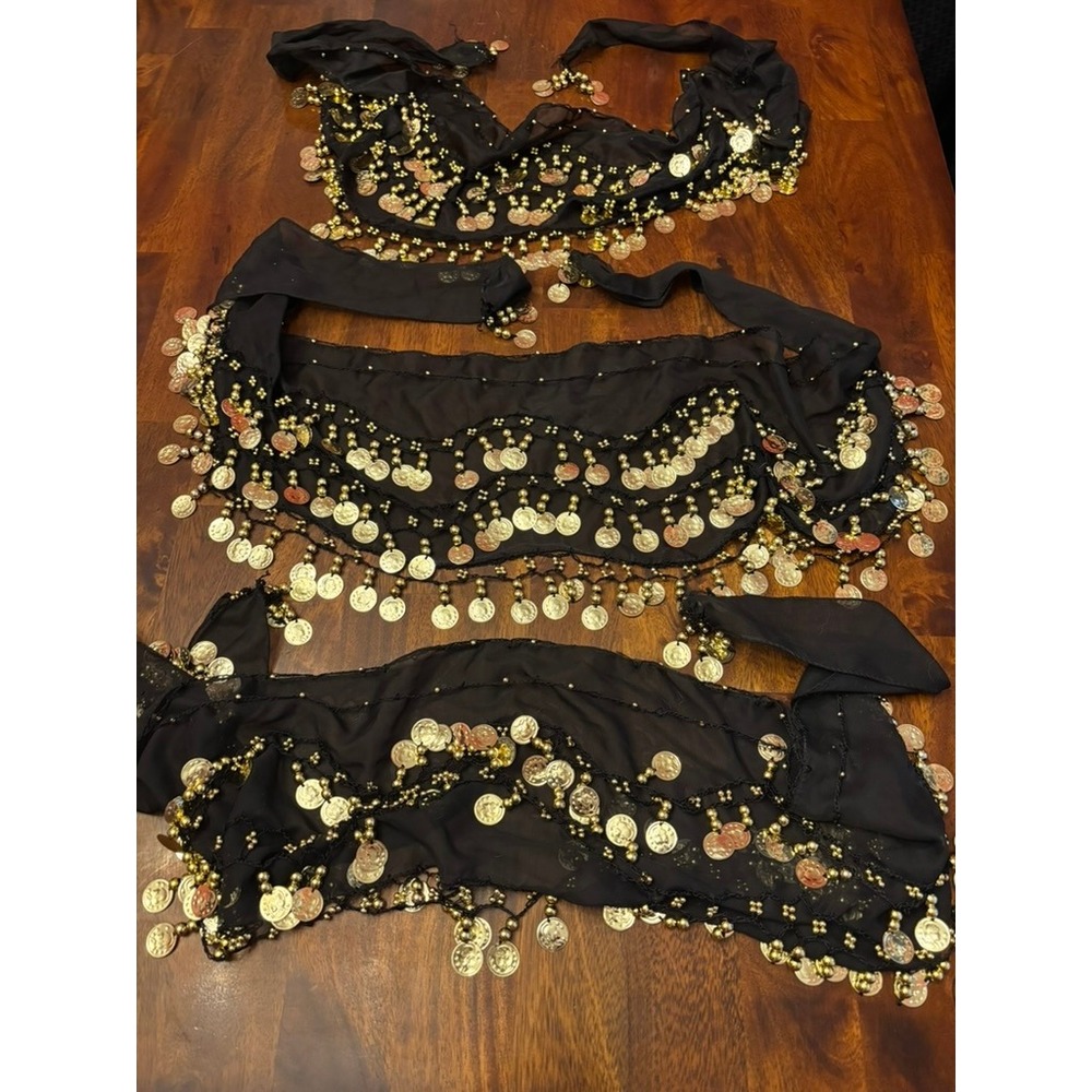 Belly Dance Coin Hip Scarf Set‎ of 3 Black Gold Beaded Performance Costume